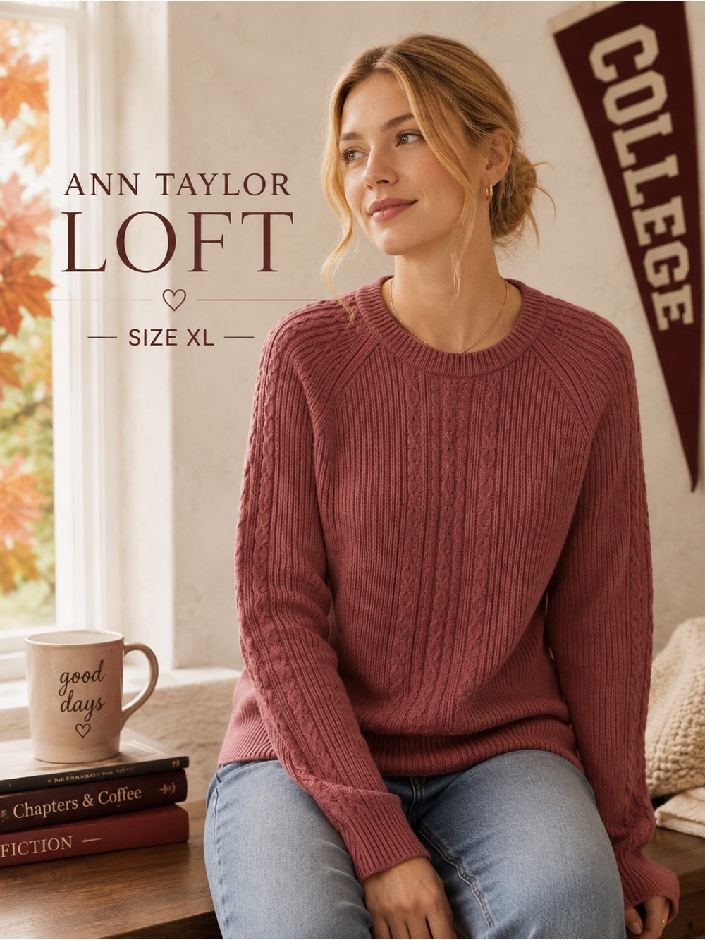 NEW - LOFT Women's Dark Rose Cable Knit Sweater size XL